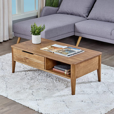 MUSEHOMEINC Mid Century Modern Rectangular Coffee Table with Drawer, Honey Brown