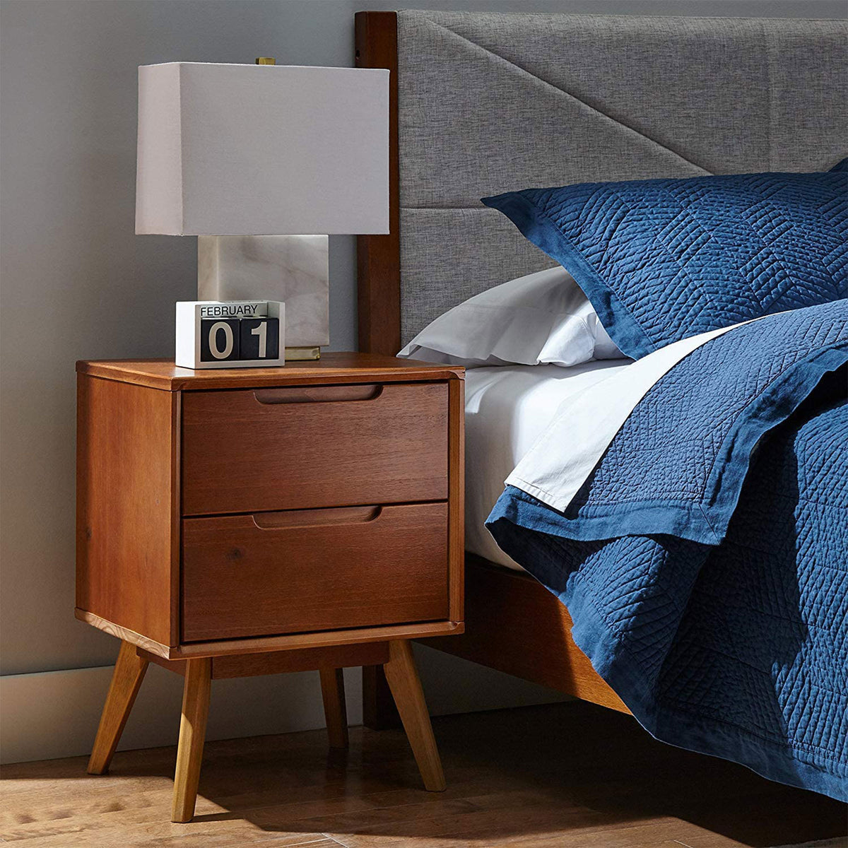 MUSEHOMEINC Mid Century Modern Solid Wood 2 Drawer Nighstand End Table, Walnut