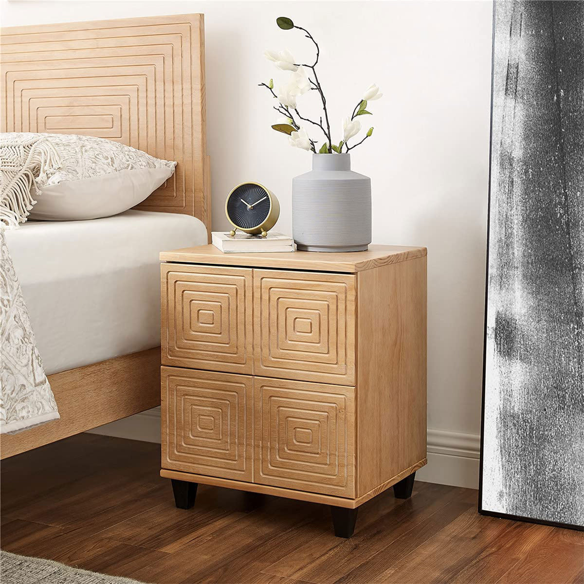 MUSEHOMEINC Modern 2 Drawer Geometric Solid Wood Bedroom Nightstand End Table