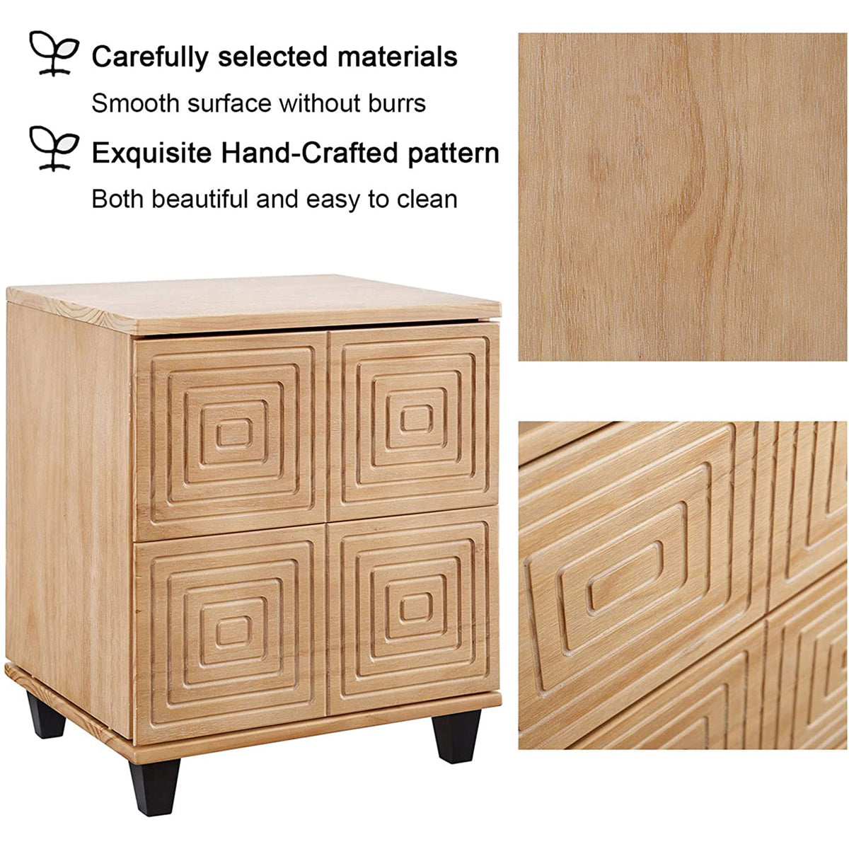 MUSEHOMEINC Modern 2 Drawer Geometric Solid Wood Bedroom Nightstand End Table