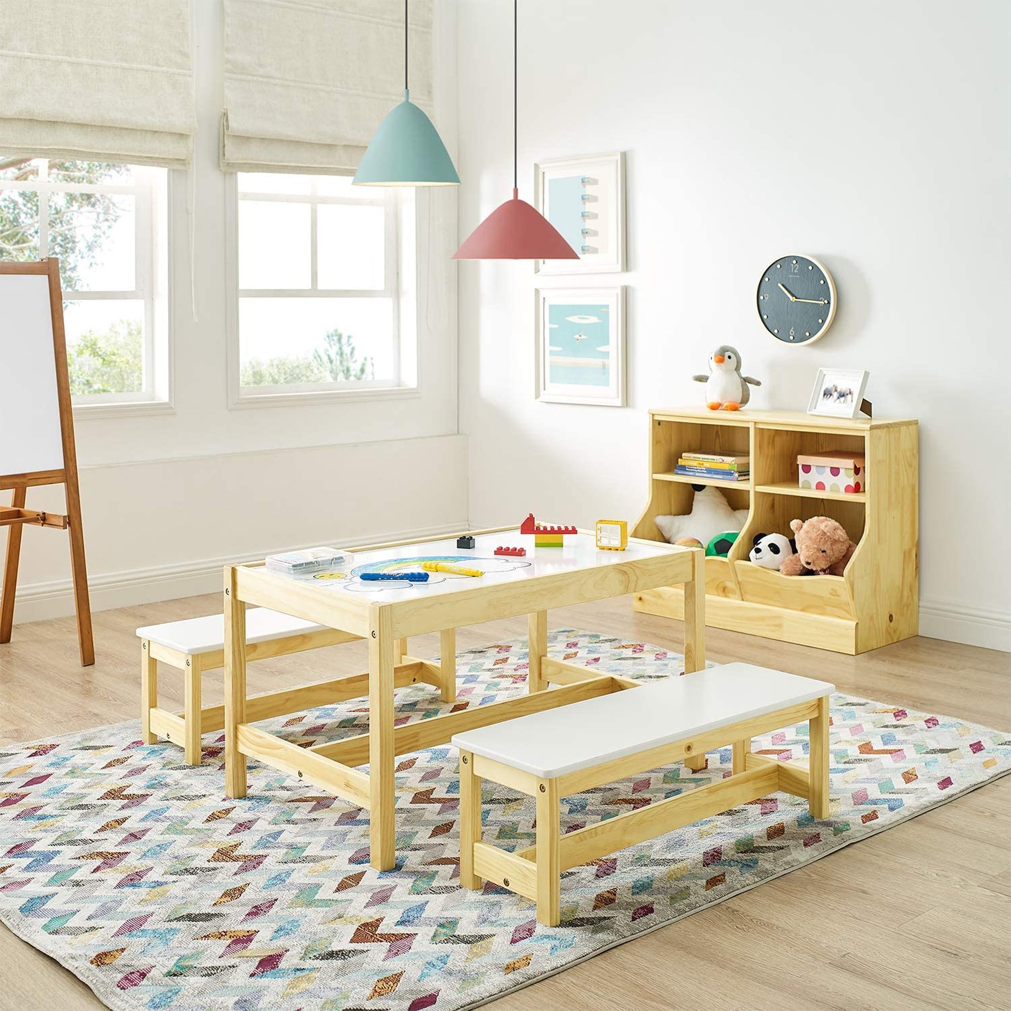 MUSEHOMEINC Wooden 3 In 1 Kids Activity Play Table and Bench Chair Set(Open Box) - VMInnovations