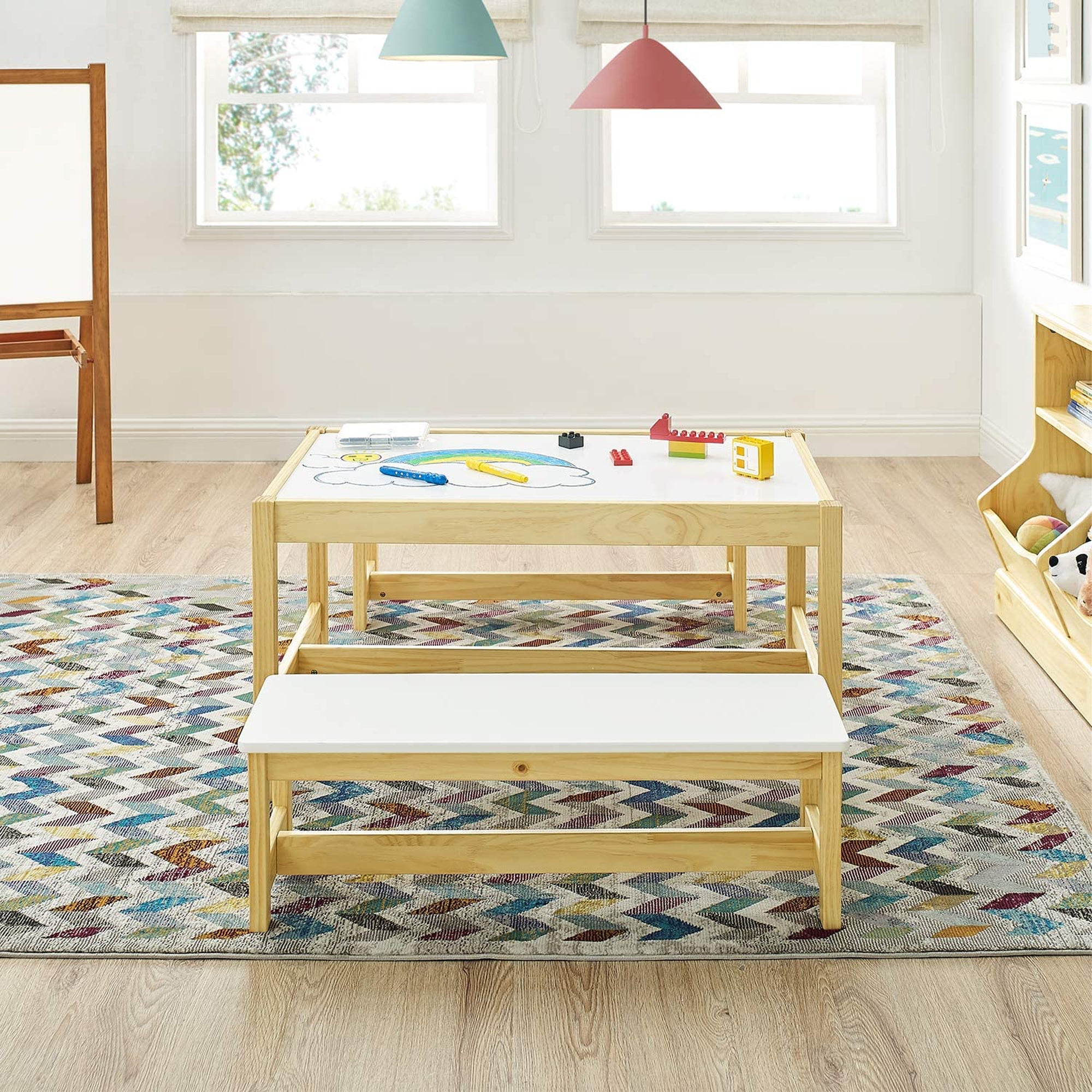 MUSEHOMEINC Wooden 3 In 1 Kids Activity Play Table and Bench Chair Set(Open Box) - VMInnovations