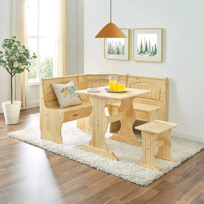 MUSEHOMEINC Traditional 3 Piece Solid Wood Nook Dining Table Set w/Bench, Nature