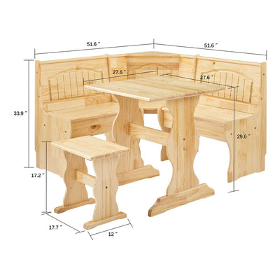 MUSEHOMEINC Traditional 3 Piece Solid Wood Nook Dining Table Set w/Bench, Nature