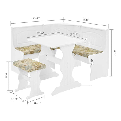 MUSEHOMEINC Traditional 3 Piece Solid Wood Nook Dining Table Set w/ Bench, White