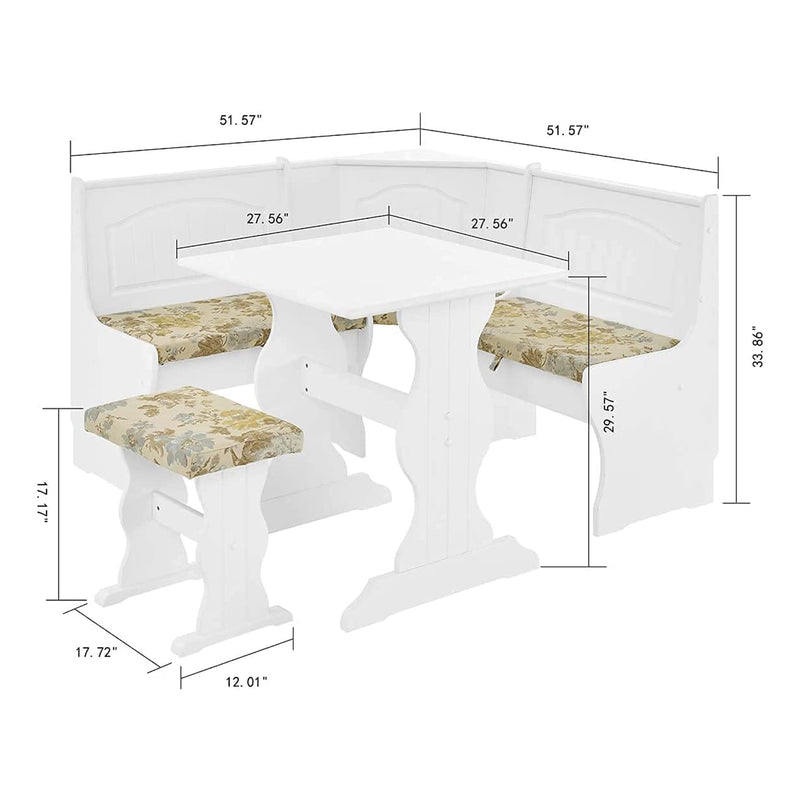 MUSEHOMEINC Traditional 3 Piece Solid Wood Nook Dining Table Set w/ Bench, White