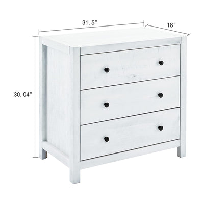 MUSEHOMEINC Rustic Solid Wood 3 Drawer Storage Dresser Nightstand, White Washed