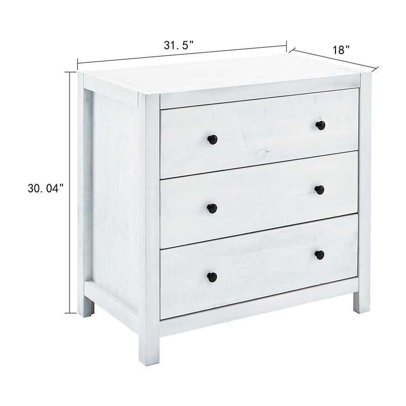 MUSEHOMEINC Rustic Solid Wood 3 Drawer Storage Dresser Nightstand, White Washed