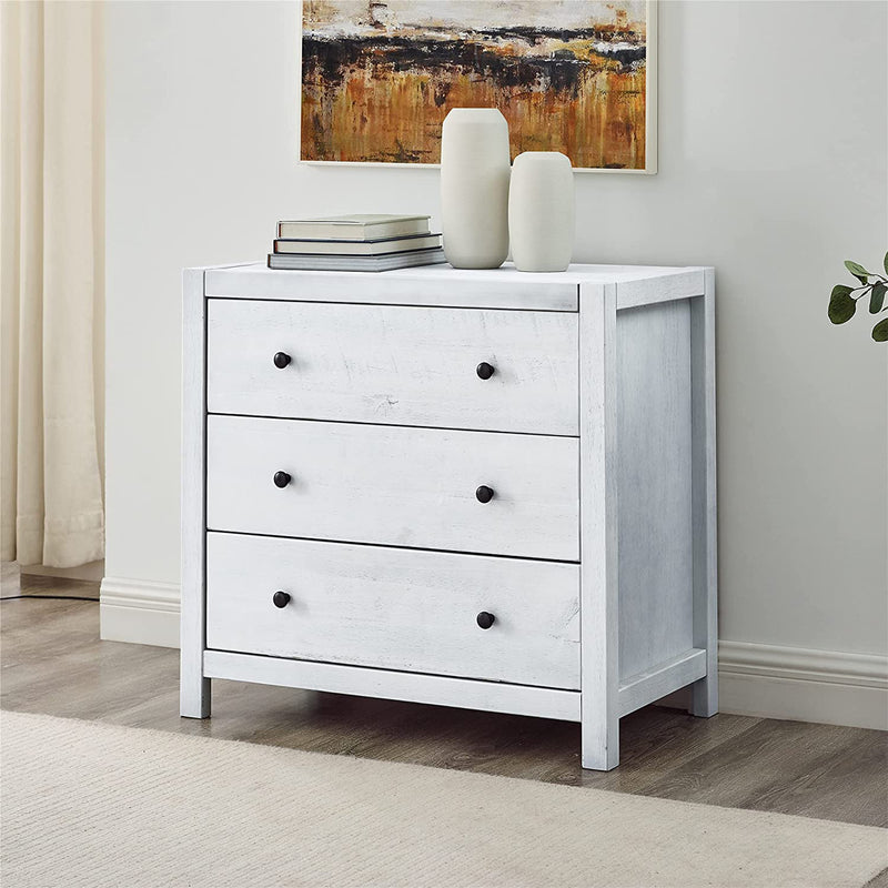 MUSEHOMEINC Rustic Solid Wood 3 Drawer Storage Dresser Nightstand, White Washed