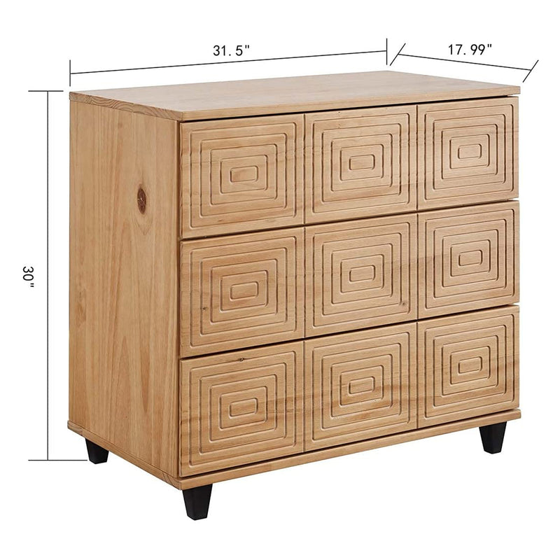 MUSEHOMEINC Solid Wood 3 Drawer Dresser Nightstand Chest of Drawers, Wood Style