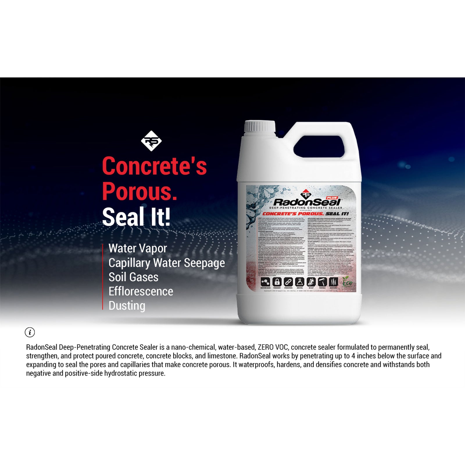 RadonSeal Plus Outdoor/Indoor Concrete Protectant Sealer, 5 Gallon (Open Box) - VMInnovations
