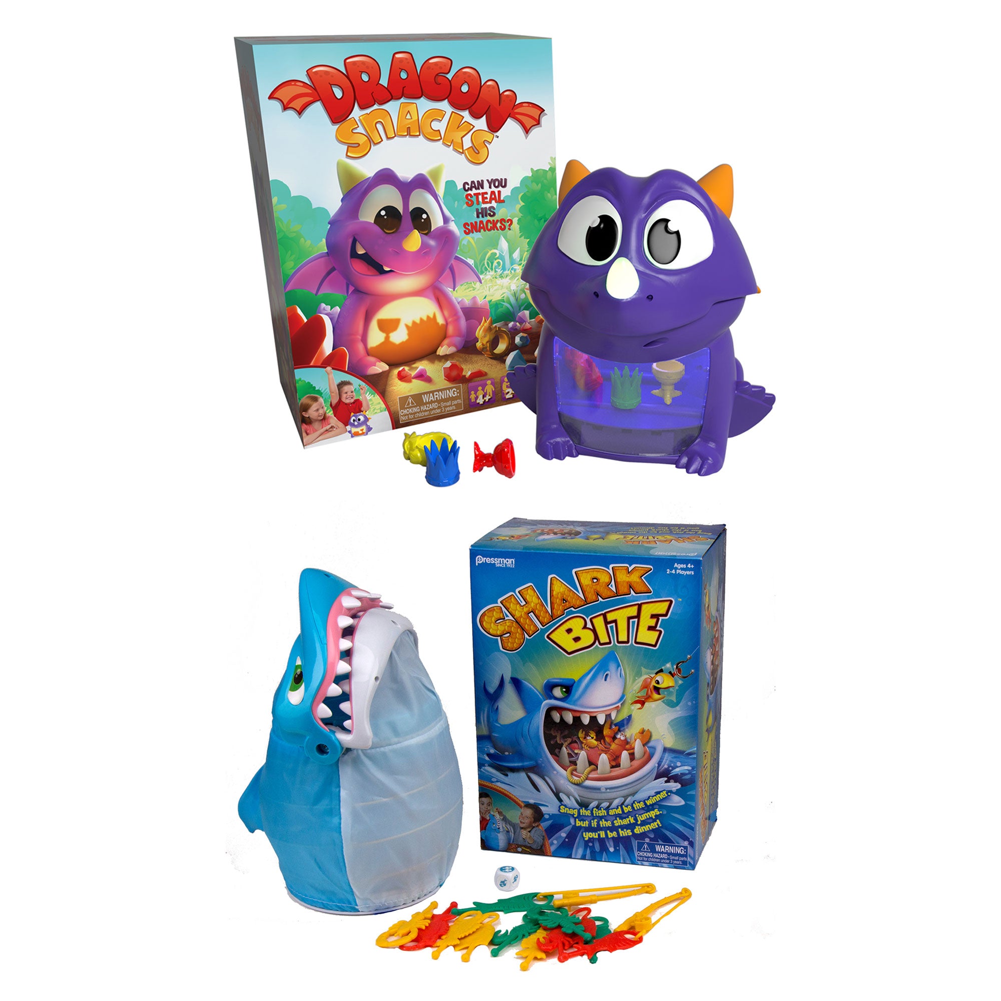Pressman Shark Bite Fishing Game with Goliath Dragon Snacks Memory Game Sets