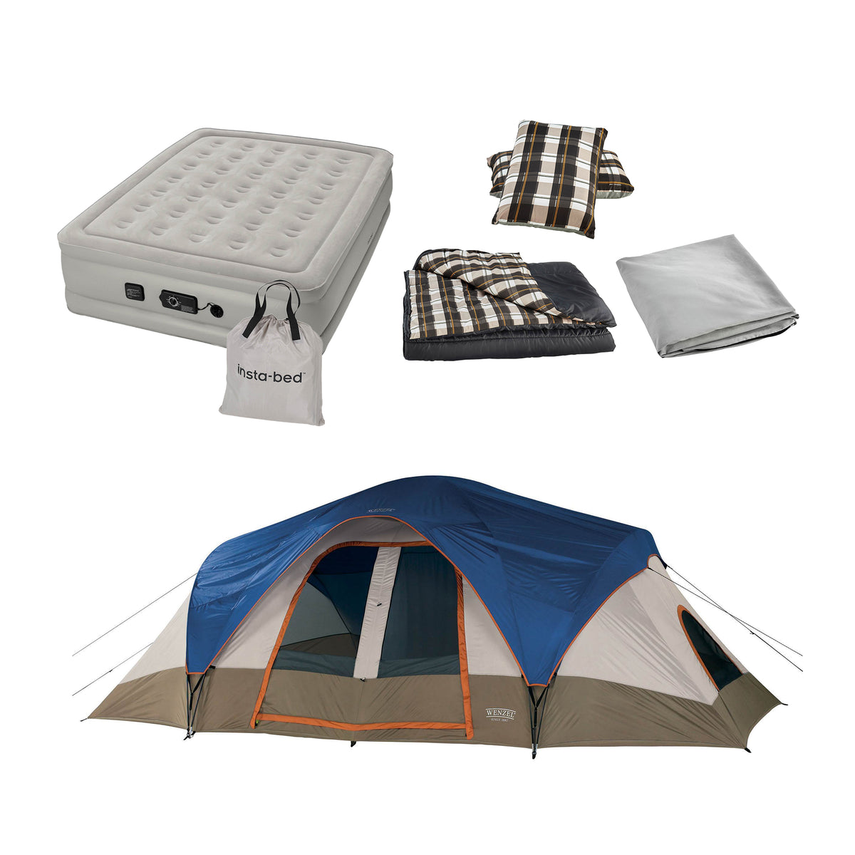 Insta-Bed Queen Air Bed, 6 Piece Queen Bedding, and Wenzel 9 Person Camping Tent