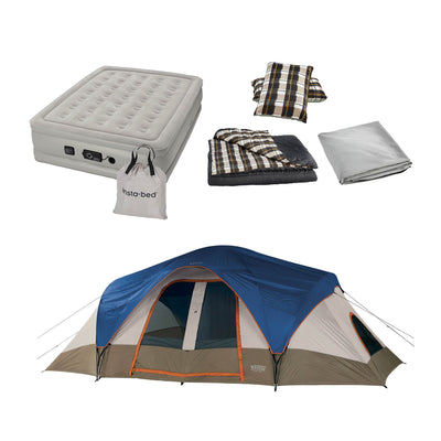 Insta-Bed Queen Air Bed, 6 Piece Queen Bedding, and Wenzel 9 Person Camping Tent