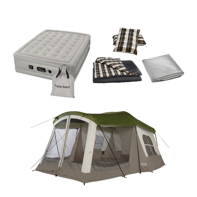 Insta-Bed Queen Air Bed, 6 Piece Queen Bedding, and Wenzel Klondike Camping Tent