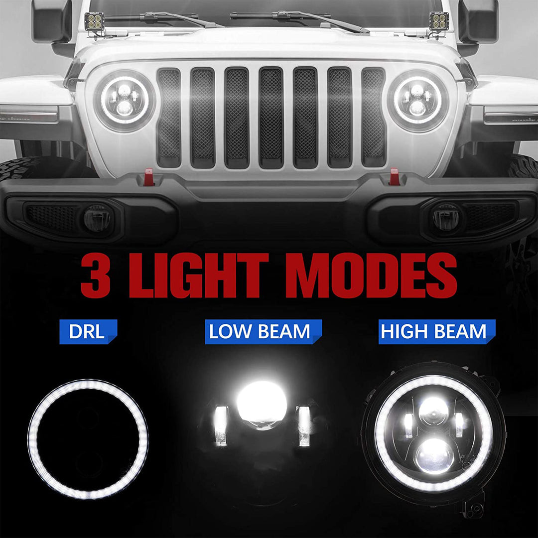 Fieryred 9" LED Halo Angel Eyes Headlights, Compatible w/ Wrangler JL 2018-2021