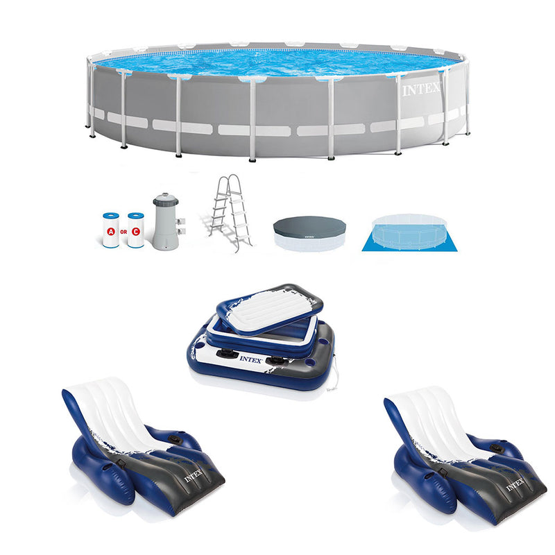 Intex 18ft x 42in Prism Above Ground Pool, Inflatable Loungers (2 Pack) & Cooler