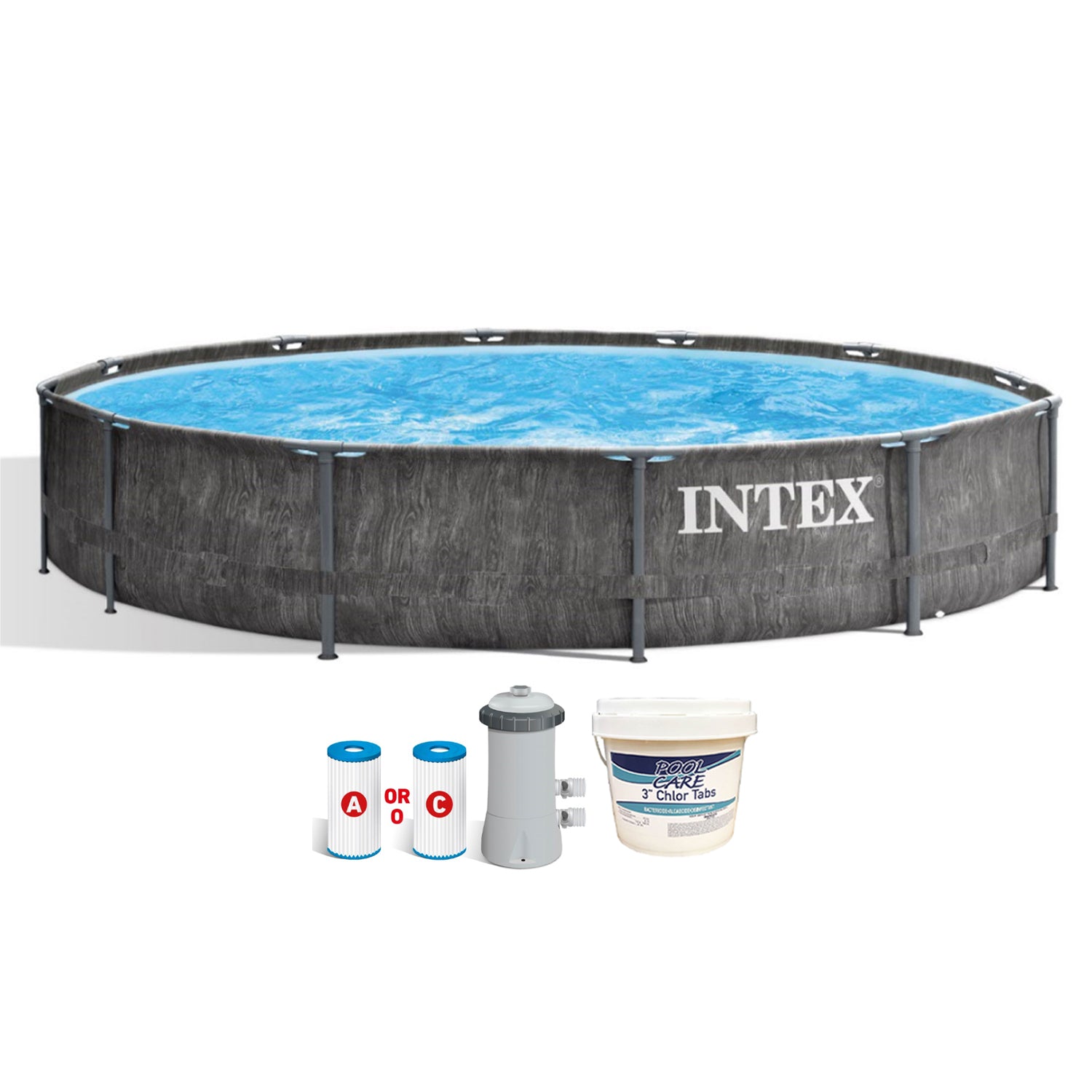Intex 12 Foot x 30 Inch Greywood Prism Swimming Pool w/ Pump & Chlorine Tabs