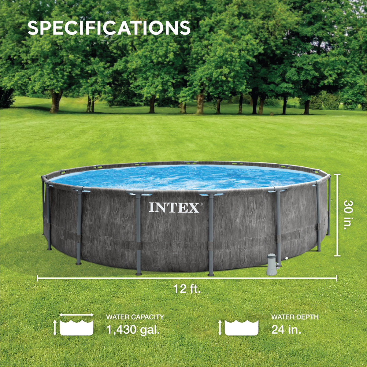 Intex Greywood Prism Frame 12'x30" Round Above Ground Swimming Pool, Grey Design