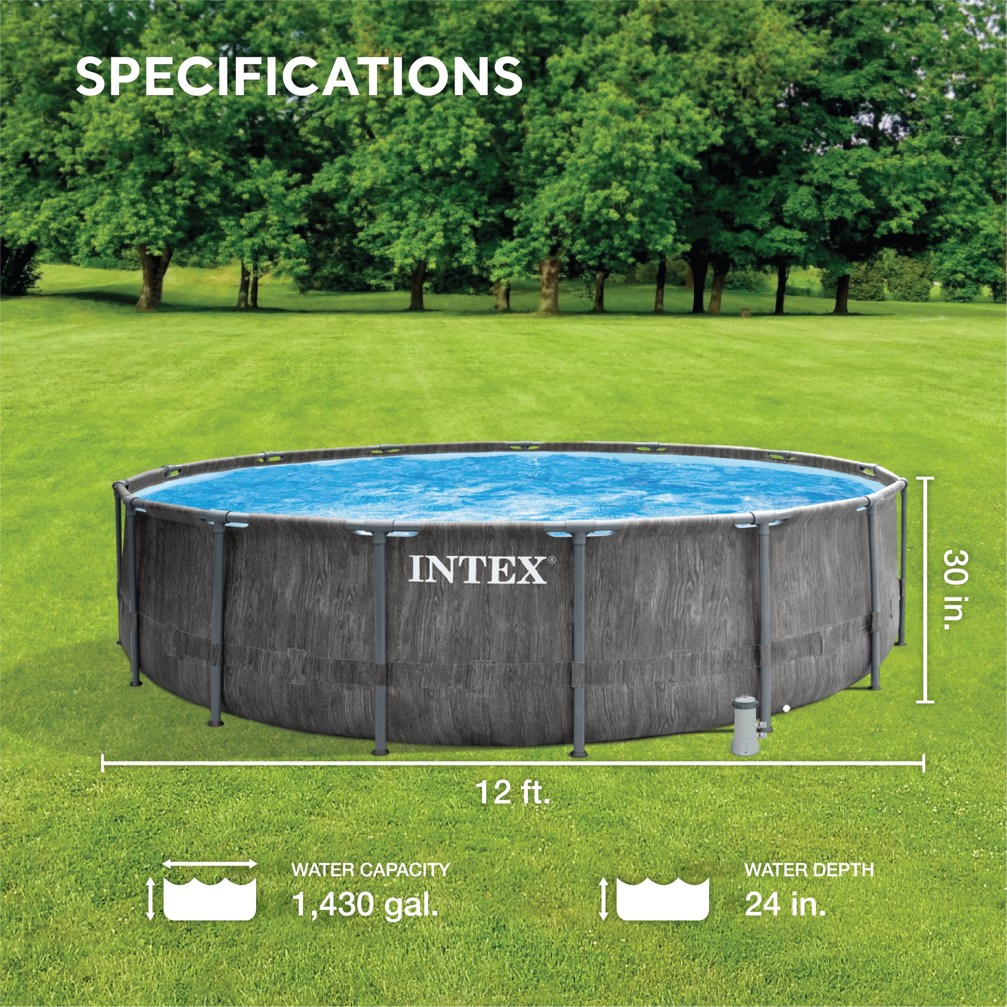 Intex Greywood Prism Frame 12'x30" Round Above Ground Swimming Pool, Grey Design