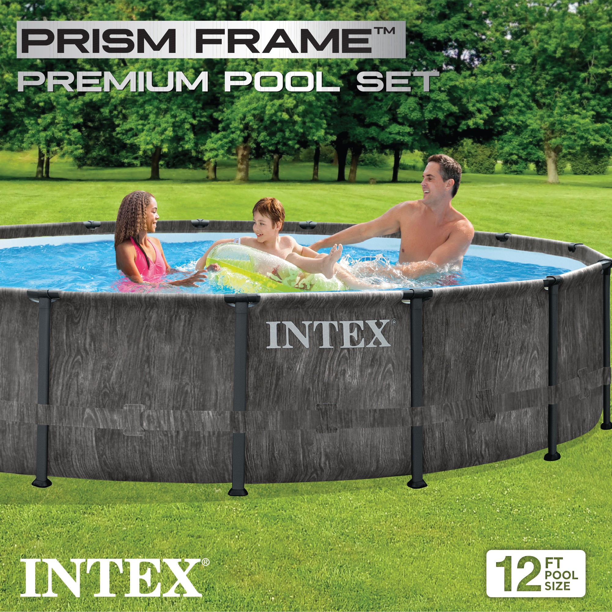 Intex Greywood Prism Frame 12'x30" Round Above Ground Swimming Pool, Grey Design