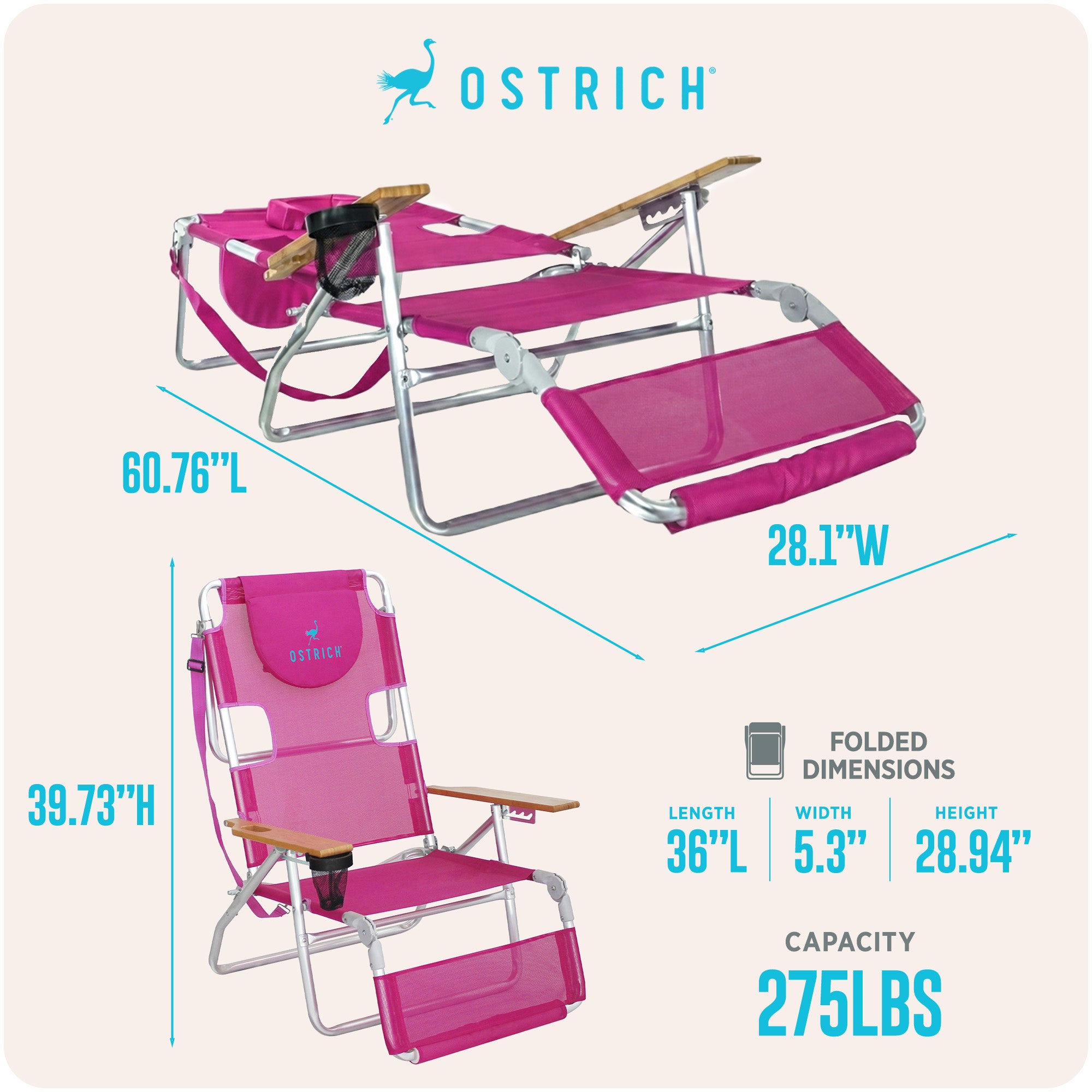Ostrich The Altitude 3N1 High Back Outdoor Beach Lounge Chair w/Footrest, Pink
