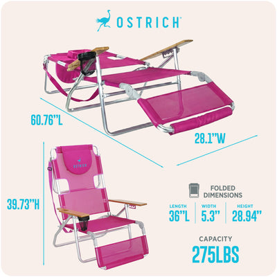 Ostrich The Altitude 3N1 High Back Outdoor Beach Lounge Chair w/Footrest, Pink