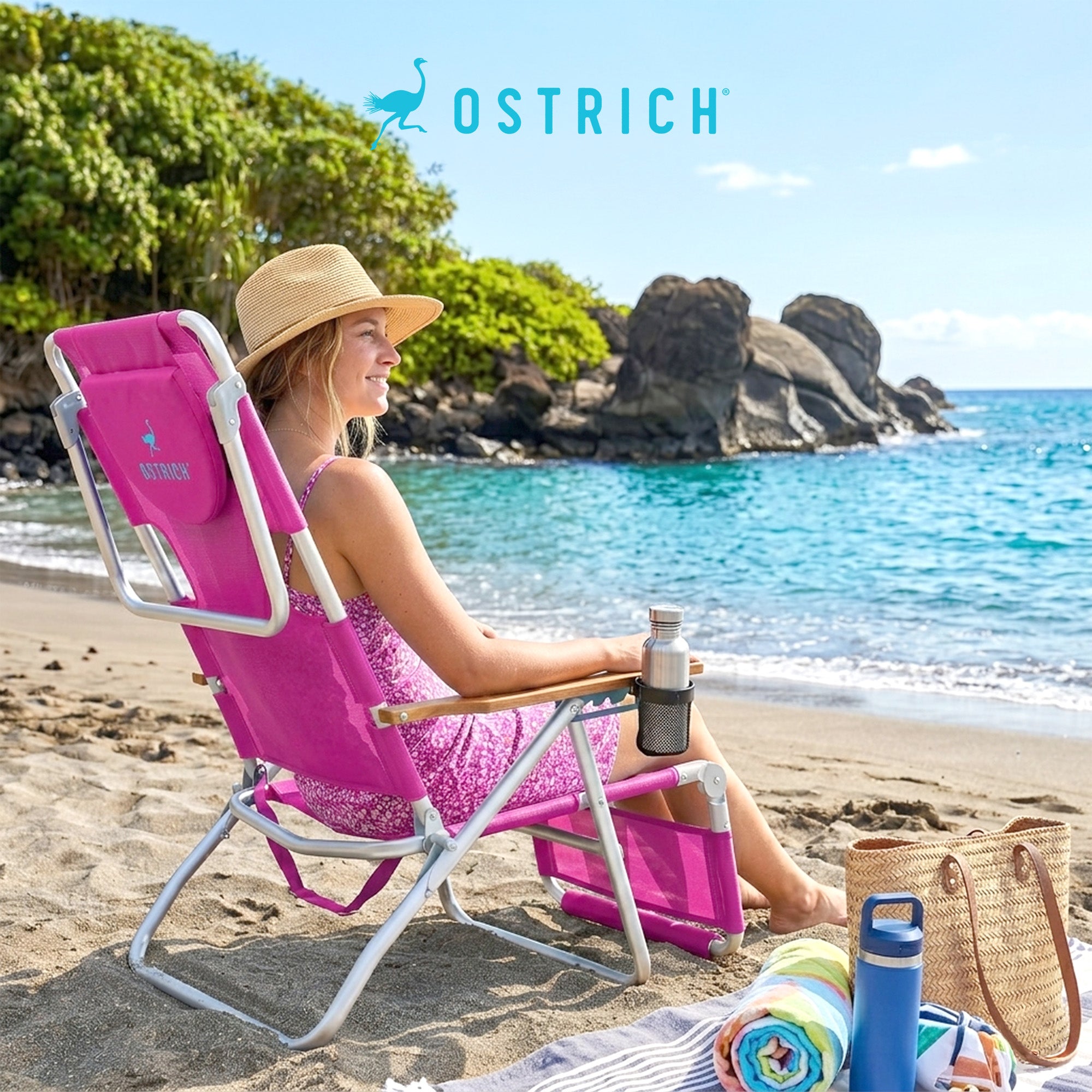 Ostrich The Altitude 3N1 High Back Outdoor Beach Lounge Chair w/Footrest, Pink