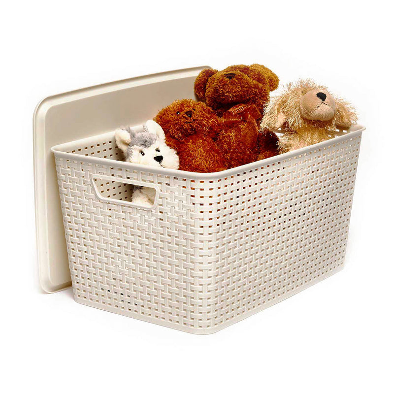 Homz Large Plastic Woven Storage Basket Bin with Matching Lid, Cream (2 Pack)
