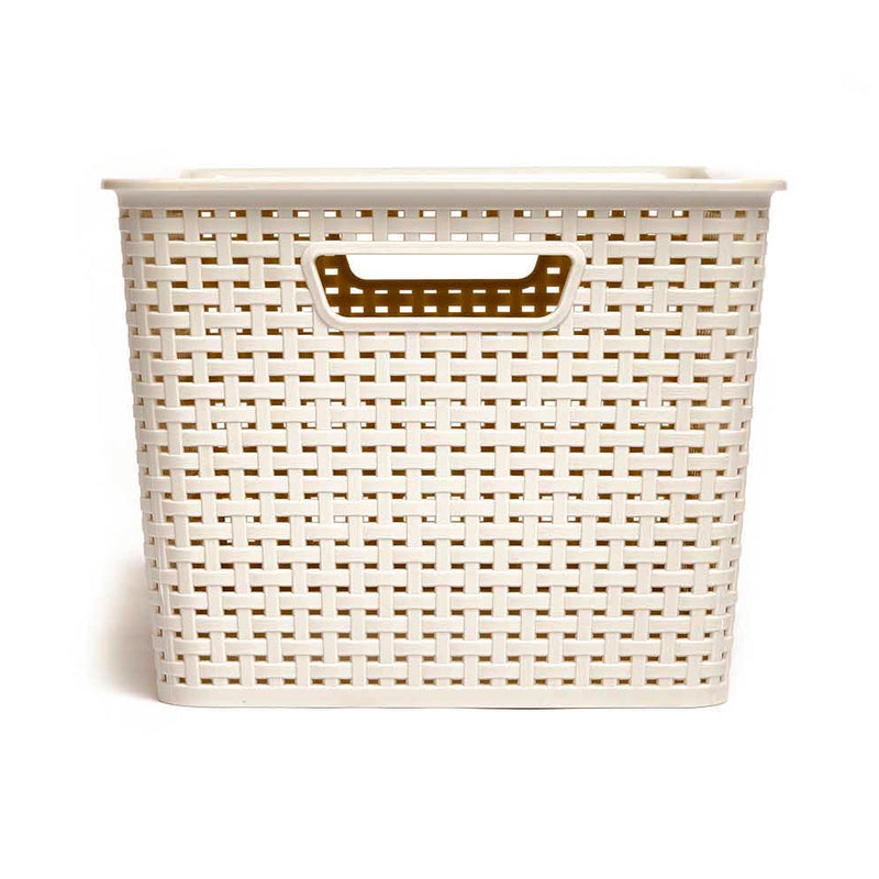Homz Large Plastic Woven Storage Basket Bin with Matching Lid, Cream (2 Pack)