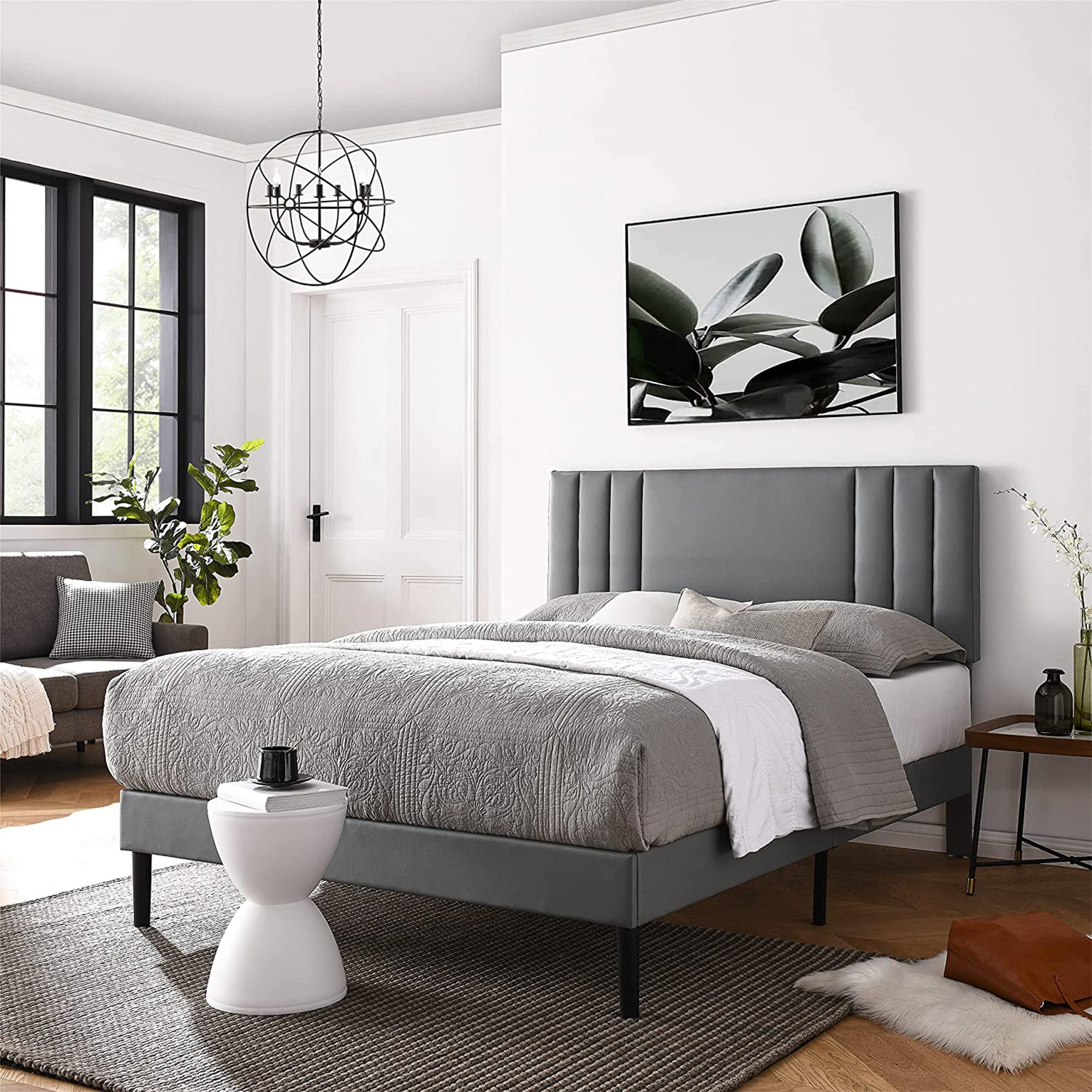 BIKAHOM Tufted Upholstered Platform Bed Frame w/Adj. Headboard, Full, Grey(Used) - VMInnovations