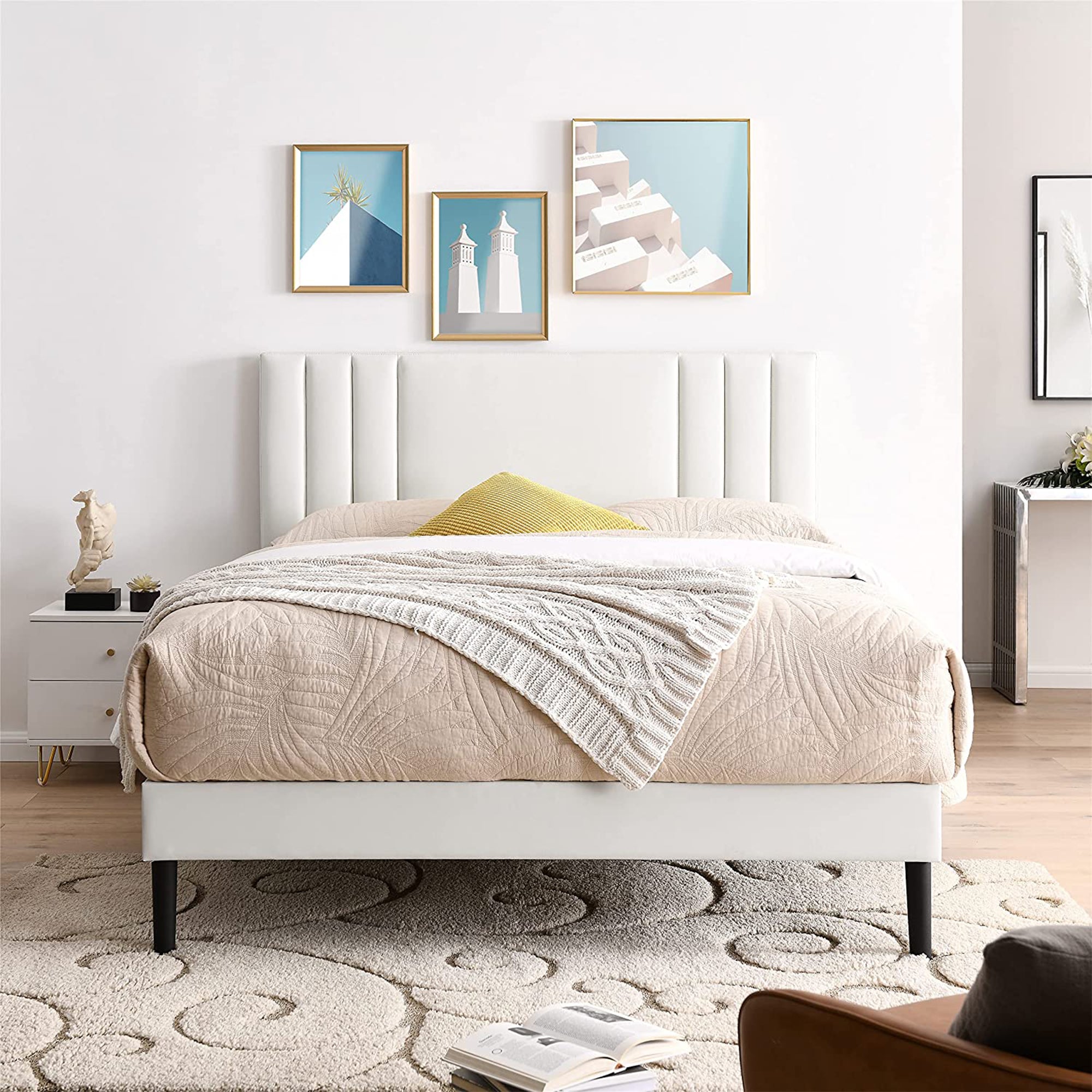 Tufted Upholstered Platform Bed Frame w/Adjusting Headboard, Full (Used) - VMInnovations