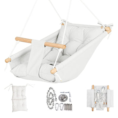 CaTeam Canvas Baby Wooden Hanging Swing Hammock Chair with Safety Belt, Ivory - VMInnovations