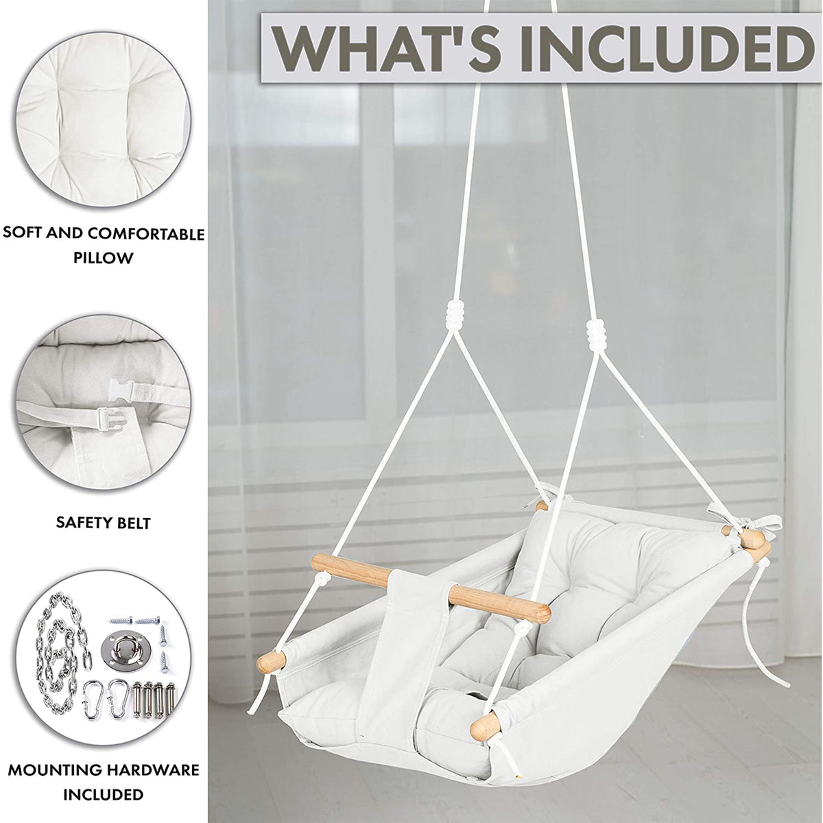 CaTeam Canvas Baby Wooden Hanging Swing Hammock Chair with Safety Belt, Ivory - VMInnovations