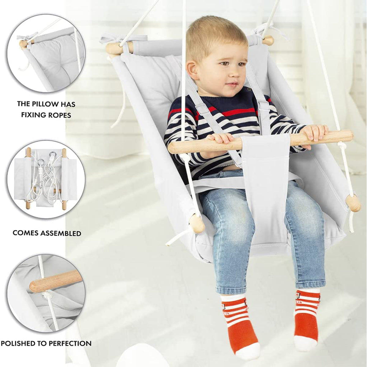 CaTeam Canvas Baby Wooden Hanging Swing Hammock Chair with Safety Belt, Ivory - VMInnovations
