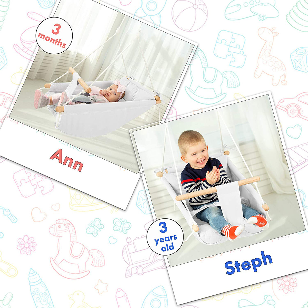 CaTeam Canvas Baby Wooden Hanging Swing Hammock Chair with Safety Belt, Ivory - VMInnovations