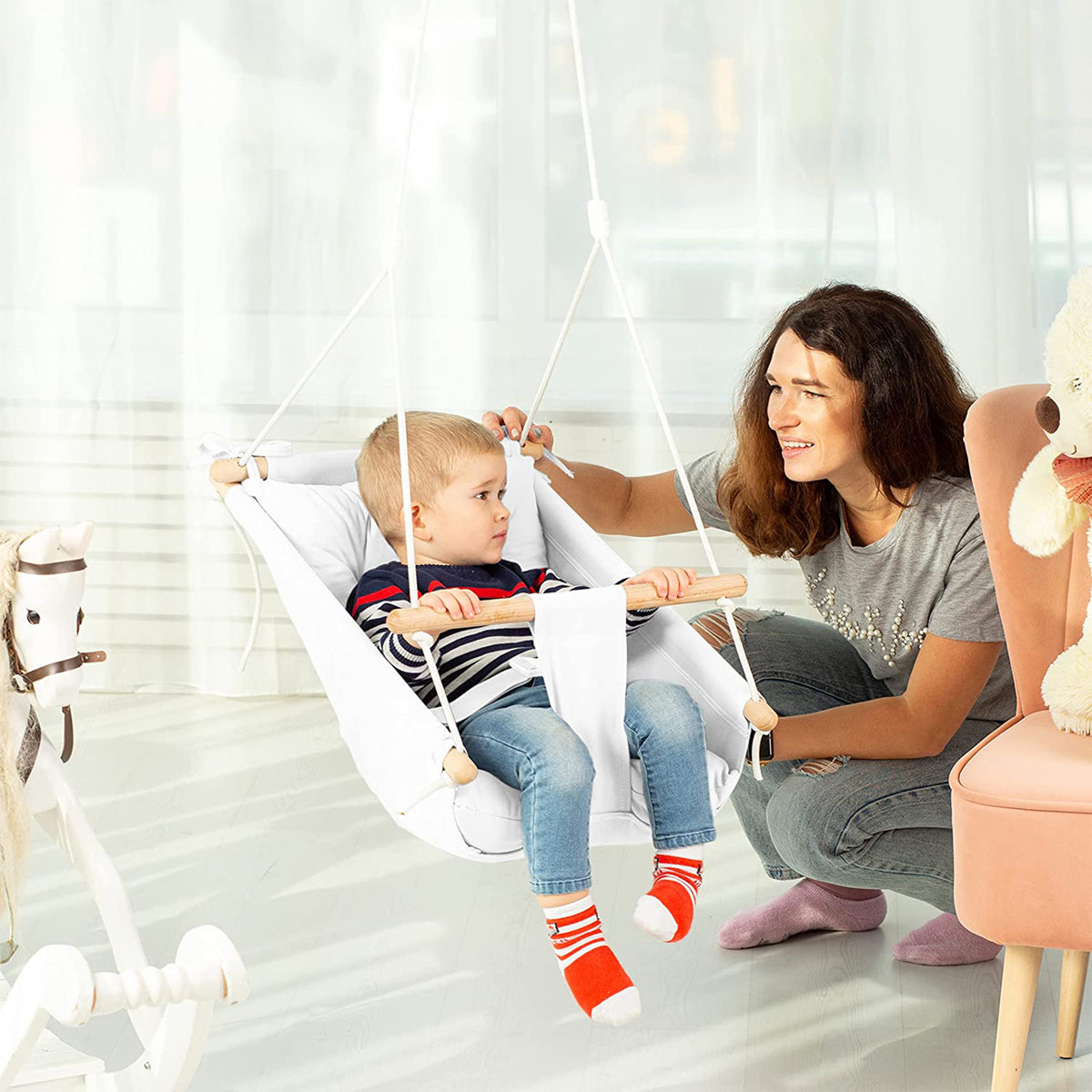 CaTeam Canvas Baby Wooden Hanging Swing Hammock Chair with Safety Belt, Ivory - VMInnovations