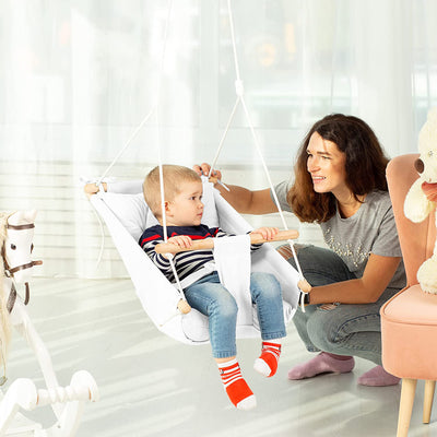 CaTeam Canvas Baby Wooden Hanging Swing Hammock Chair with Safety Belt, Ivory - VMInnovations