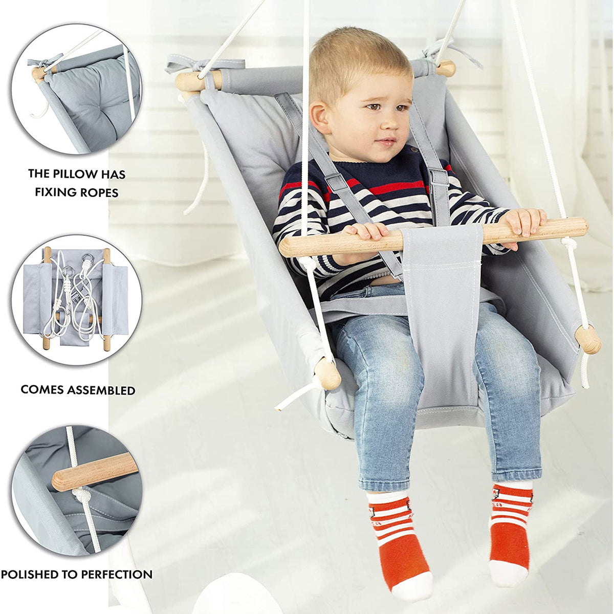 CaTeam Canvas Baby Wooden Hanging Swing Hammock Chair with Safety Belt, Gray - VMInnovations