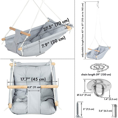 CaTeam Canvas Baby Wooden Hanging Swing Hammock Chair with Safety Belt, Gray - VMInnovations