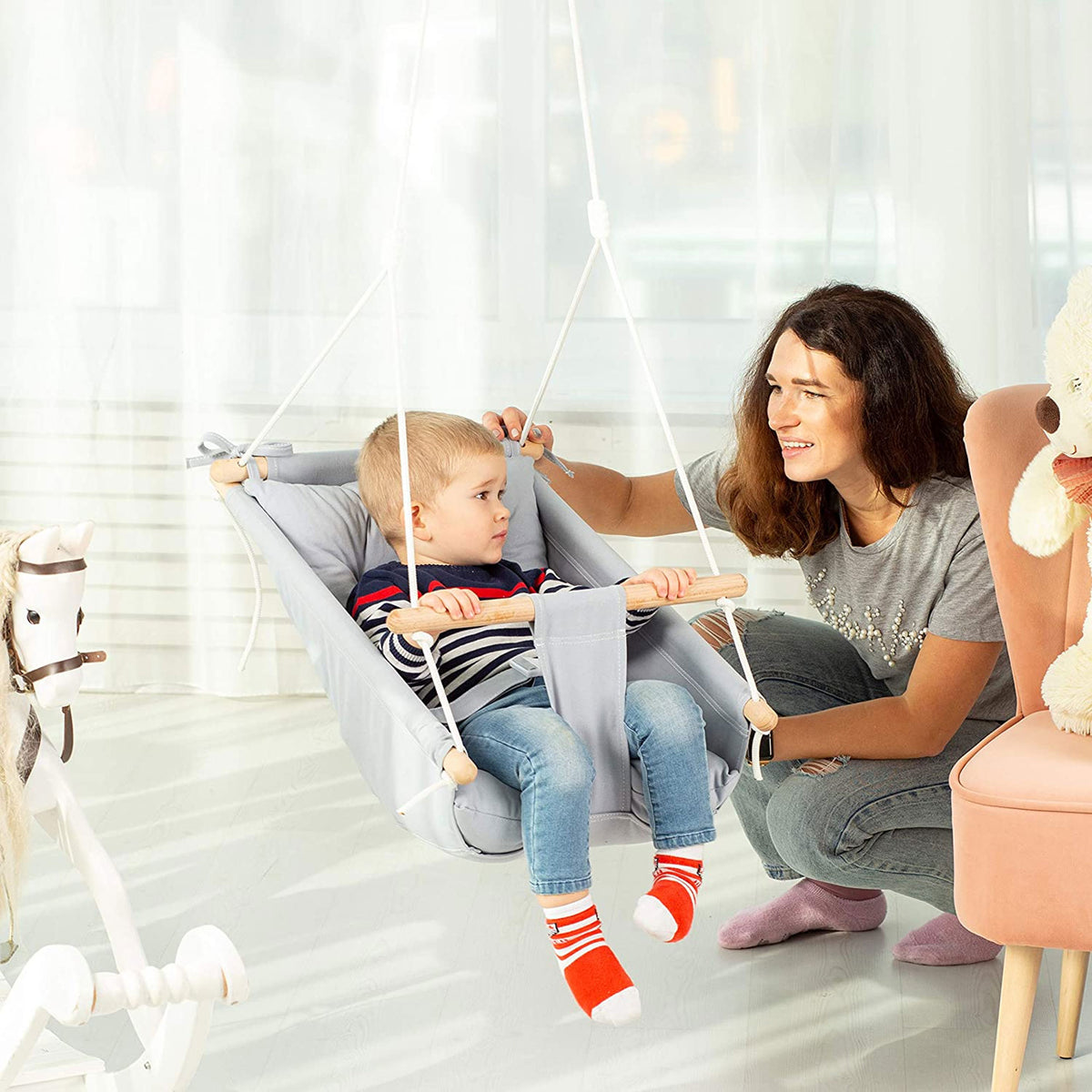 CaTeam Canvas Baby Wooden Hanging Swing Hammock Chair with Safety Belt, Gray - VMInnovations