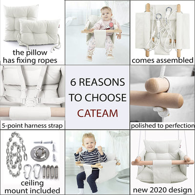 CaTeam Canvas Baby Wooden Hanging Swing Hammock Chair with Safety Belt, Ivory - VMInnovations