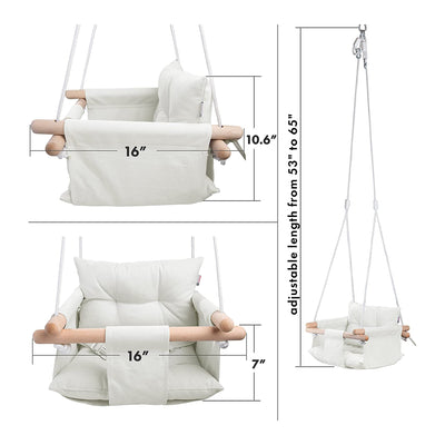 CaTeam Canvas Baby Wooden Hanging Swing Hammock Chair with Safety Belt, Ivory - VMInnovations
