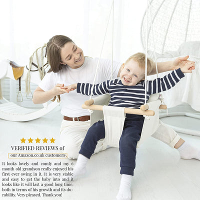 CaTeam Canvas Baby Wooden Hanging Swing Hammock Chair with Safety Belt, Ivory - VMInnovations
