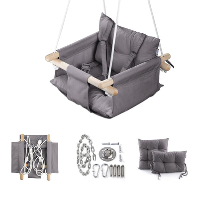 CaTeam Canvas Baby Wooden Hanging Swing Hammock Chair w/ Safety Belt, Dark Gray - VMInnovations