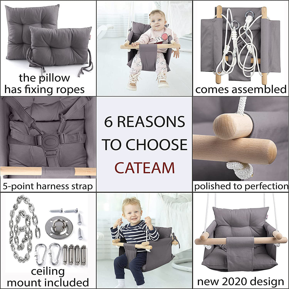 CaTeam Canvas Baby Wooden Hanging Swing Hammock Chair w/ Safety Belt, Dark Gray - VMInnovations