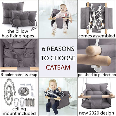 CaTeam Canvas Baby Wooden Hanging Swing Hammock Chair w/ Safety Belt, Dark Gray - VMInnovations
