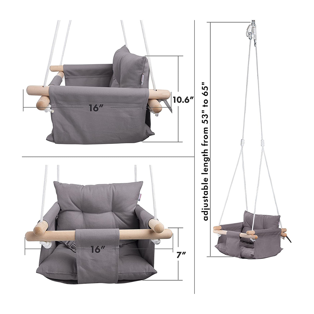 CaTeam Canvas Baby Wooden Hanging Swing Hammock Chair w/ Safety Belt, Dark Gray - VMInnovations