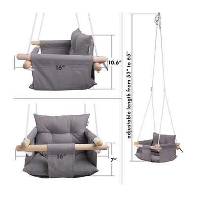 CaTeam Canvas Baby Wooden Hanging Swing Hammock Chair w/ Safety Belt, Dark Gray - VMInnovations