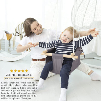 CaTeam Canvas Baby Wooden Hanging Swing Hammock Chair w/ Safety Belt, Dark Gray - VMInnovations